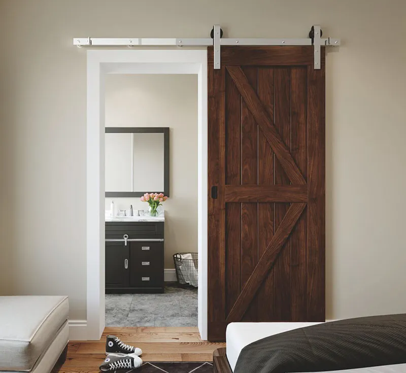 Dark Walnut Finish X‑Brace Vertical Plank Solid Wood Sliding Barn Door, Rustic Stained X‑Frame Barn Door with Sliver Flat‑Plate Hardware Kit for Modern Farmhouse Wholesale From China Factory Manufacturer