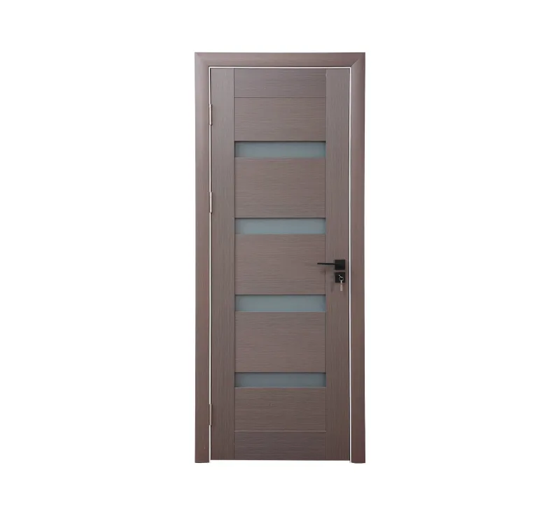 Dark Walnut‑Grain PVC Assembled Prehung Door, Modern Interior Door with 4‑Strip Matte Frosted Glass Inserts