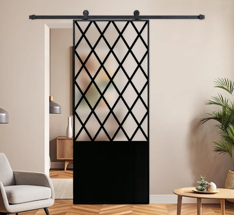 Diamond Lattice Metal‑Grid Frosted Glass Barn Door, Half‑Solid Black Lower Panel Interior Sliding Partition Barn Door