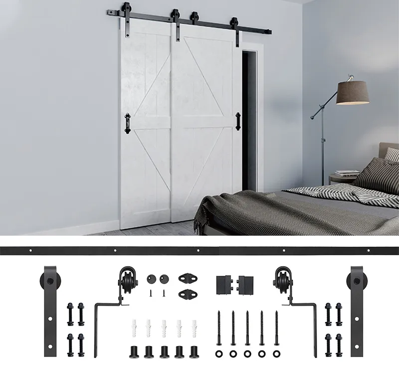 Double Barn Door Hardware Kit, Matte Black L‑Shape Hanger Surface‑Mount Sliding Track System for Interior Double Wood Barn Doors