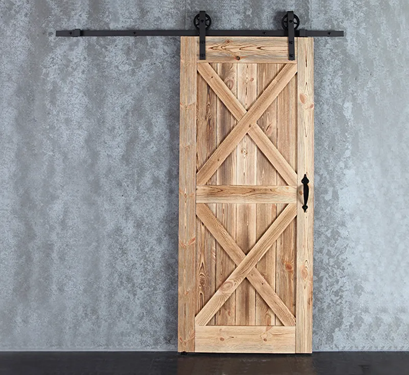 Double X‑Brace Framed Solid Wood Sliding Barn Door, Natural Weathered Light Wood Barn Door with Big Spoked Wheel Matte Black Hardware Kit for Modern Farmhouse Wholesale From China Factory Manufacturer