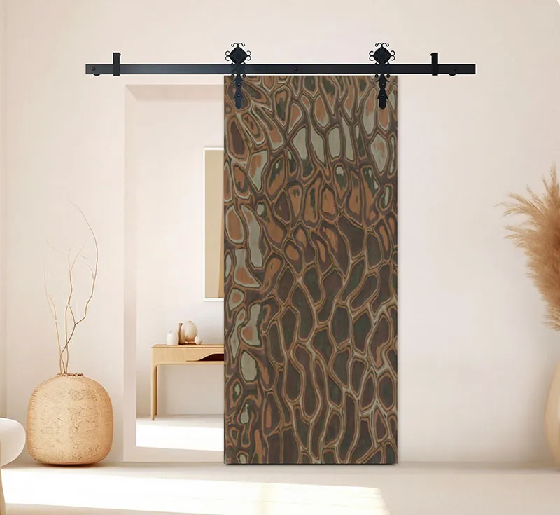 Exotic Pattern Engineered Wood Veneer Sliding Barn Door, Solid‑Core Interior Barn Door with Ornate Black Hardware Kit for Wholesale Residential Projects