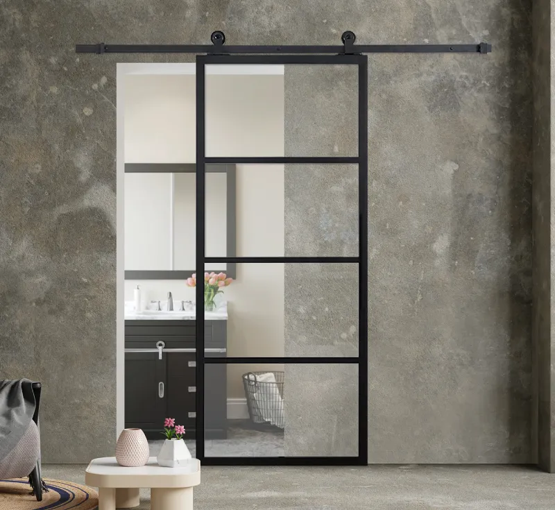 Four‑Horizontal‑Mullions Full‑Glass Barn Door, Slim Black Metal Frame Clear Glass Interior Sliding Partition Barn Door