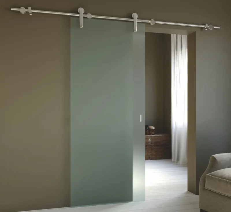 Frameless Coloured Frosted Glass Sliding Barn Door, Tempered Glass Interior Sliding Door with Silver‑Finished Track Hardware Kit