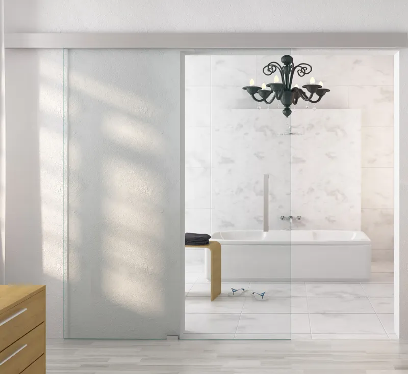 Frameless Double‑Panel Clear Tempered Glass Sliding Door, Top‑Mount Wall‑Hung Glass Sliding Partition Without Bottom Track