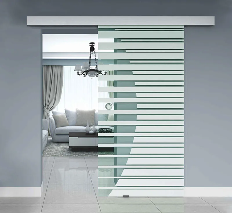 Frameless Glass Sliding Barn Door, Striped Frosted Tempered Glass Interior Barn Door for Room Divider
