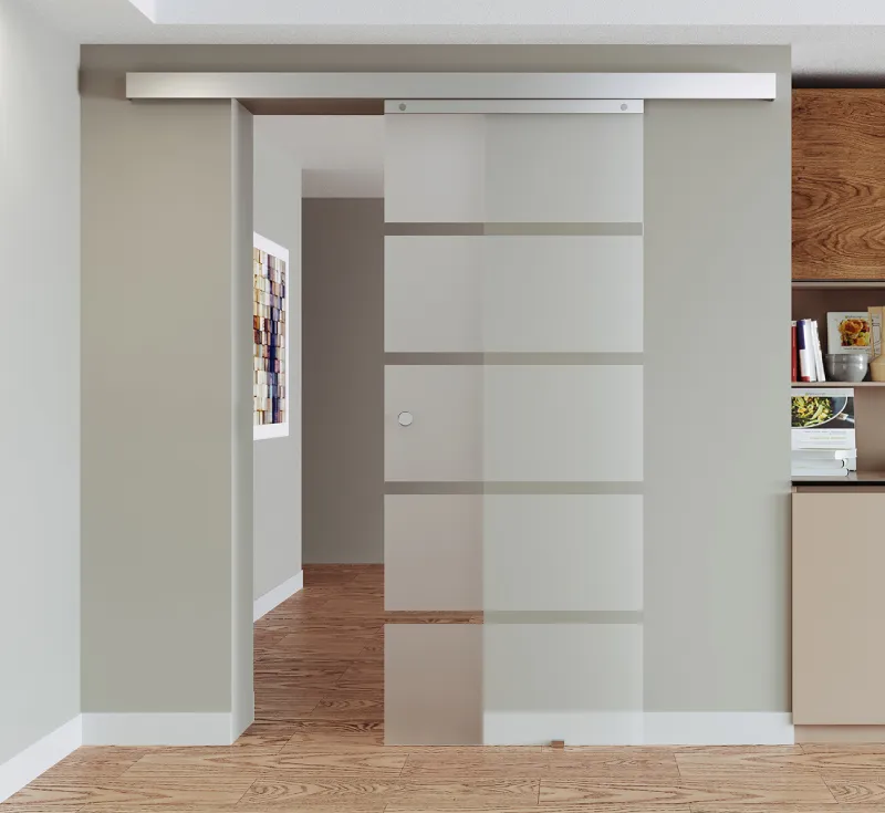Frameless Horizontal‑Strip Frosted Pattern Sliding Glass Door, In‑Wall Top‑Mount Tempered Glass Sliding Door with Round Pull Handle