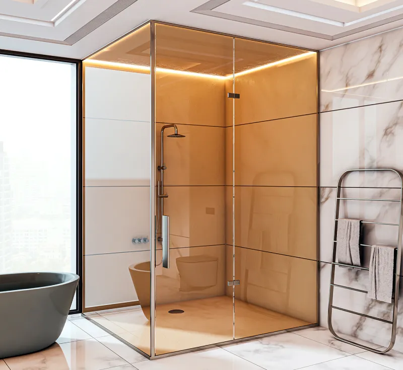 Frameless Square‑Corner Shower Enclosure, Hinged Tempered Glass Shower Cabin with Built‑in LED Ambient Lighting