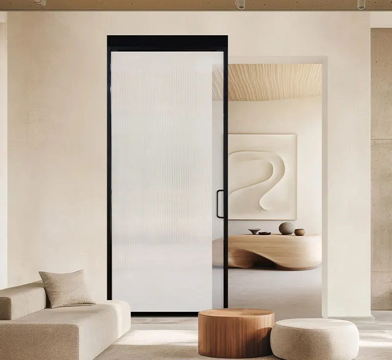 Frosted Fluted Glass Barn Door | Black Iron Frame with Pull Handle | Custom Size Privacy Sliding Door for Japandi & Modern Minimalist Interiors