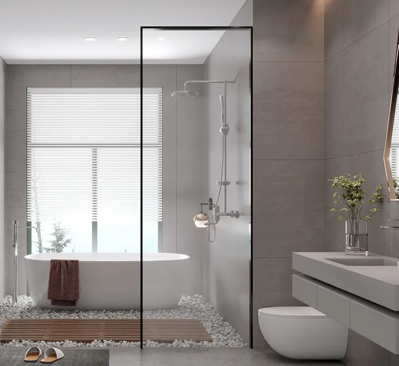 Full‑Height Narrow Black Frame Walk‑In Shower Screen, Single Fixed Glass Wet‑Room Partition for Bath‑Shower Combo