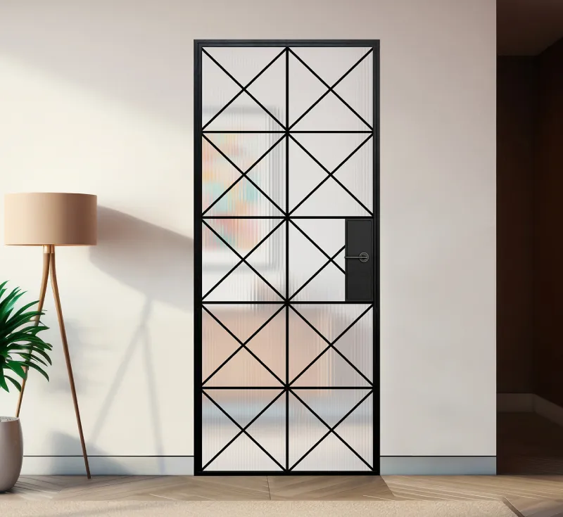 Geometric Diamond X‑Grid Reeded Glass Hinged Door, Slim Black Metal Frame Swing Door with Integrated Lock‑Handle Module