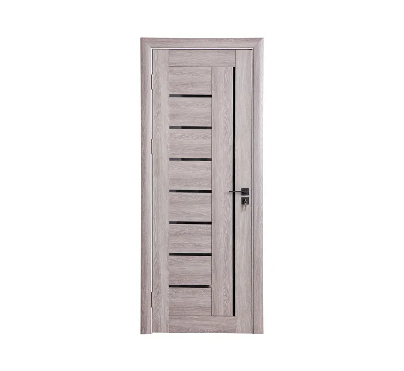 Grey Oak‑Grain PVC Assembled Prehung Door, Modern Interior Door with Dual‑Panel Frosted Glass Cut‑outs