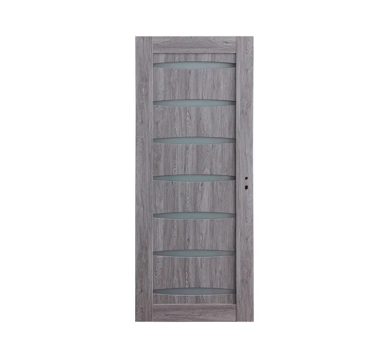 Grey Wood‑Grain PVC Assembled Slab Door, Modern Interior Door with Horizontal Frosted Glass Cut‑outs