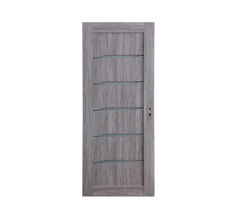 Grey Wood‑Grain PVC Assembled Slab Door, Modern Interior Slab Door with 5‑Strip Horizontal Frosted Glass