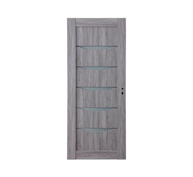 Grey Wood‑Grain PVC Assembled Slab Door, Modern Interior Slab Door with 6‑Strip Horizontal Frosted Glass