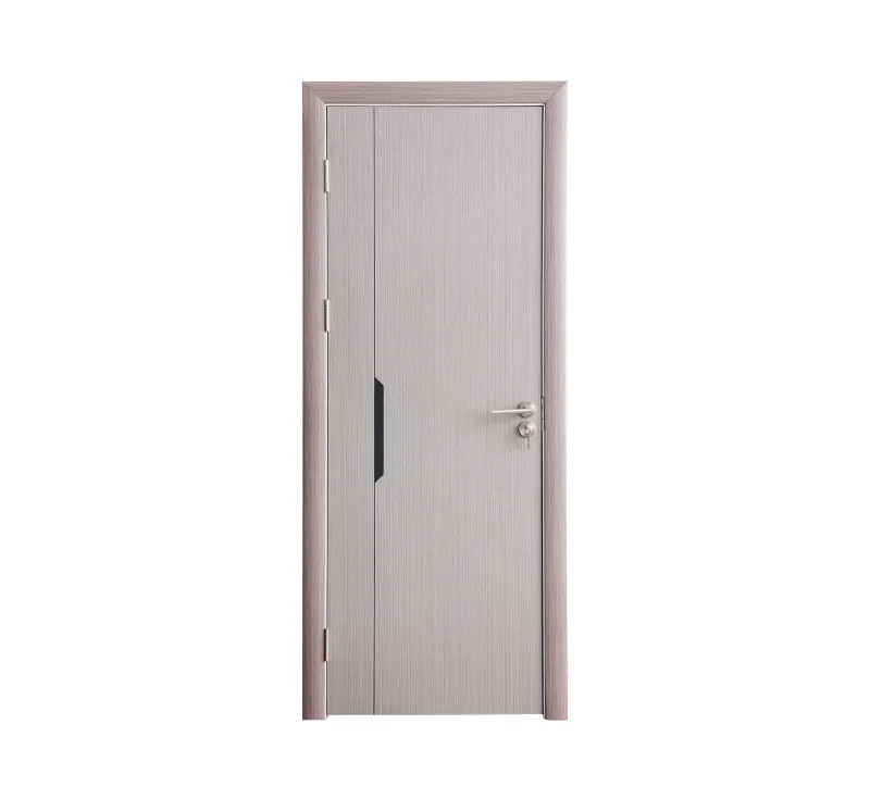 Light Ash‑Grain PVC Assembled Prehung Door, Minimalist Interior Door with Angular Vertical Black Decorative Inlay