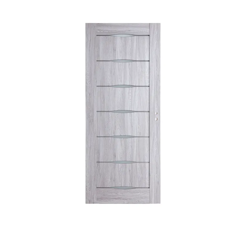 Light Grey Wood‑Grain PVC Assembled Slab Door, Modern Interior Slab Door with 7‑Strip Horizontal Frosted Glass