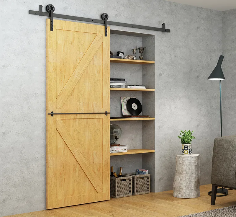 Light Natural Double Z‑Brace Framed Solid Wood Sliding Barn Door, Honey Natural Wood Tone Double Z‑Shape Brace Barn Door with Big Roller Matte Black Sliding Hardware Kit for Industrial Farmhouse Wholesale From China Factory Manufacturer