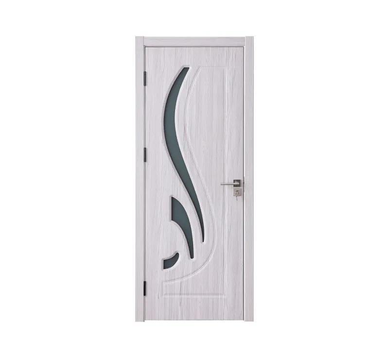 Light White Wood‑Grain PVC Assembled Prehung Door, Interior Room Door with Artistic Curved Frosted Glass