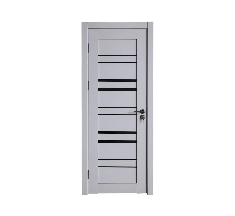 Light‑Grey PVC Assembled Prehung Door, Modern Interior Door with Asymmetrical Horizontal Black Frosted Glass Strips