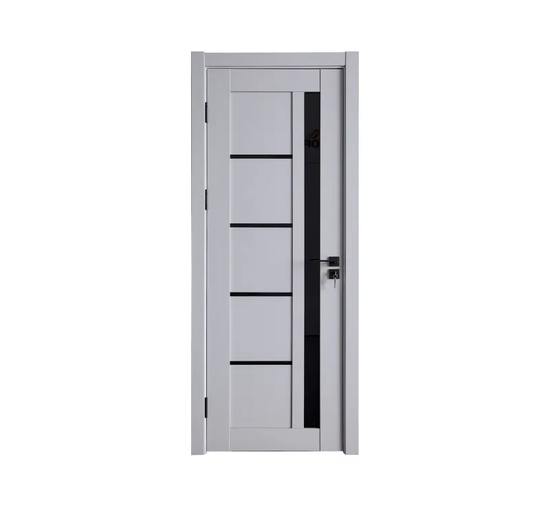 Light‑Grey PVC Assembled Prehung Door, Modern Interior Door with Vertical Black Frosted Glass Accent