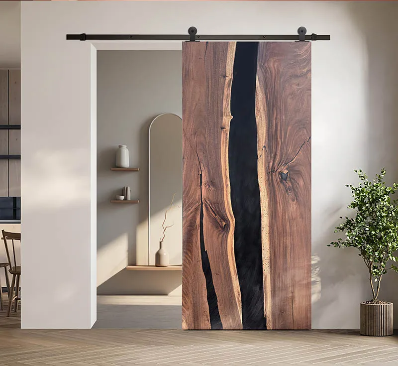 Live Edge Wood Black Epoxy Resin Solid Sliding Barn Door, Natural Walnut Live Edge Epoxy Barn Door with Matte Black Exposed Hardware Kit for Luxury Industrial Interior Wholesale From China Factory Manufacturer