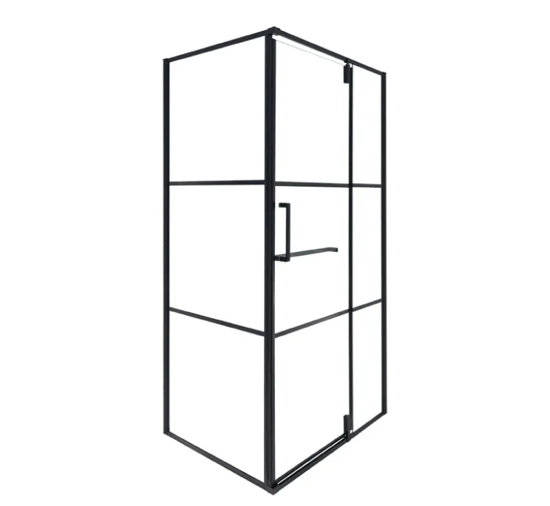 Matte Black Grid Framed Corner Shower Enclosure, Hinged Tempered Glass Shower Cabin with Built‑in Shelf for Modern Bathroom