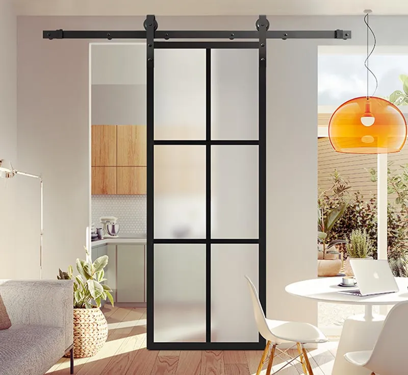 Matte Black Iron Frame Frosted Glass Barn Door | 6-Panel Privacy Sliding Door with Riveted Track Hardware | Custom Size Room Divider for Kitchens, Offices & Modern Interiors