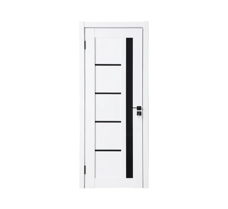 Matte White PVC Spliced Interior Door, Prehung Room Door with Horizontal Groove & Vertical Black Glass Panel