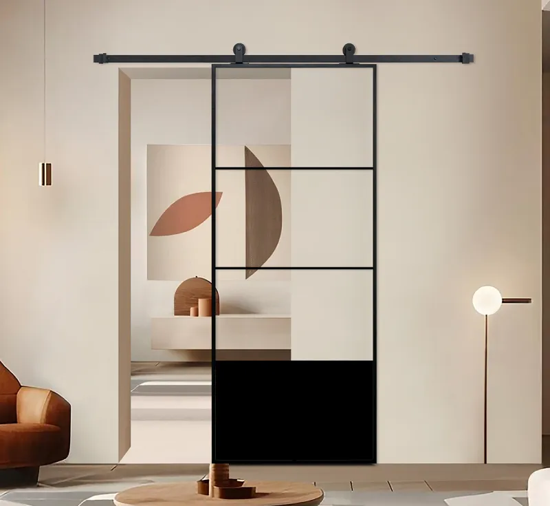 Mid‑Century Abstract Graphic Frosted Glass Barn Door, Black Metal Frame Half‑Opaque Interior Sliding Partition Barn Door