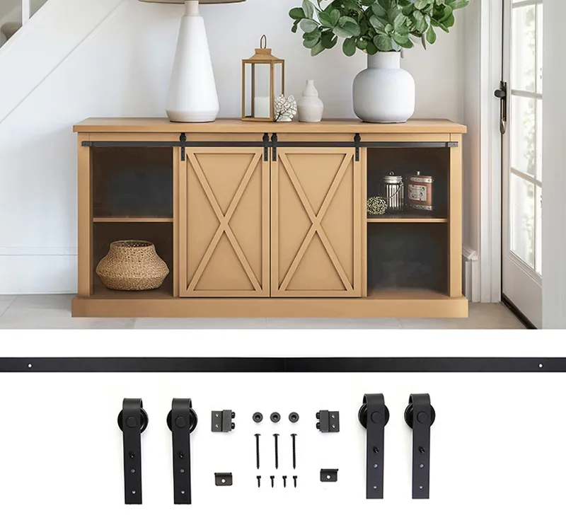 Mini Biparting Barn Door Hardware Kit, Matte Black Flat Straight Hanger Sliding Track System for Cabinet Sideboard Credenza Small X‑Panel Barn Doors