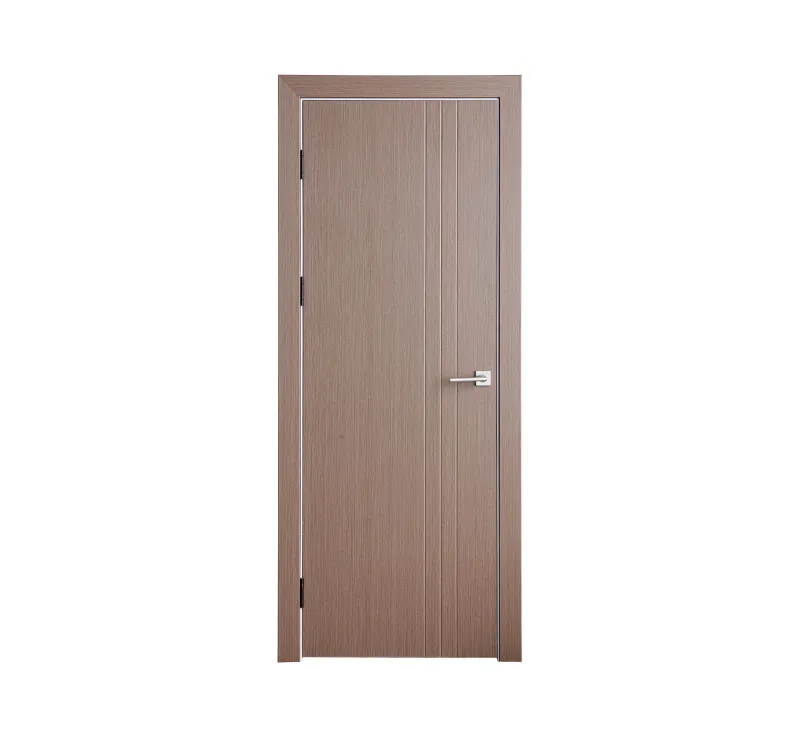Mocha Brown Wood‑Grain PVC Assembled Prehung Door, Modern Interior Door with Triple Vertical Decorative Grooves
