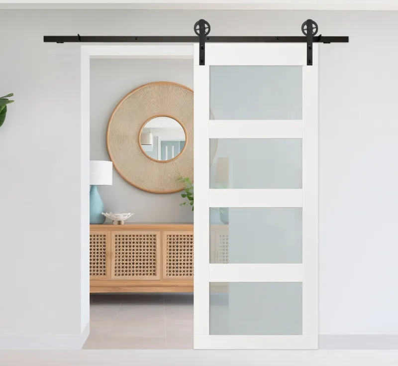 White PVC Assembled Barn Door, 4‑Panel Frosted Glass Sliding Interior Barn Door with Complete Hardware Kit