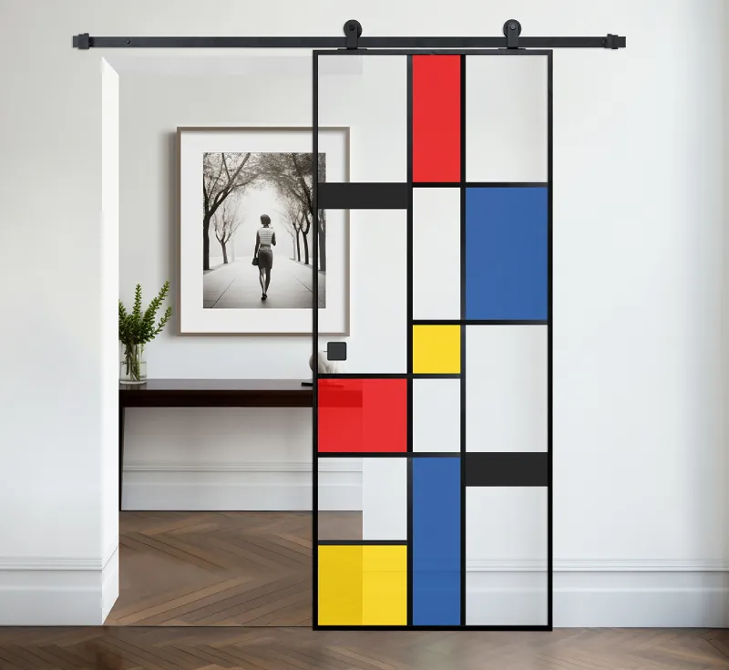 Mondrian Inspired Color Block Art Glass Sliding Barn Door, Black Metal Frame Interior Decorative Barn Door for Space Partition