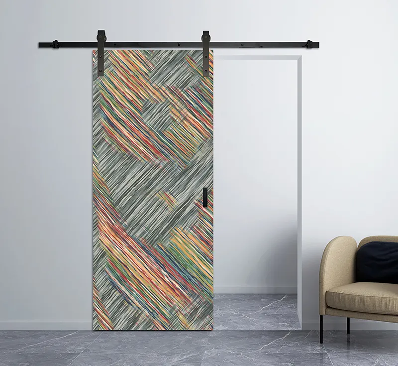 Multicolor Geometric Streak Engineered Tech‑Wood Veneer Sliding Barn Door, Solid‑Core Interior Barn Door with Matte‑Black Hardware & Pull Handle for Wholesale Projects