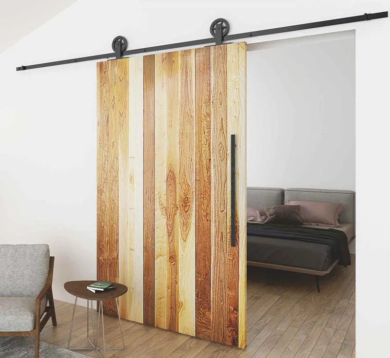 Multi‑Tone Vertical Plank Solid Wooden Sliding Barn Door, Reclaimed‑Style Mixed‑Wood‑Tone Solid Timber Barn Door with Black Big‑Wheel Hardware Kit for Rustic Farmhouse Wholesale From China Factory Manufacturer