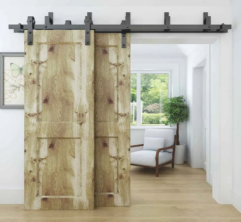 Natural Raised 2‑Panel Double Solid Wood Bypass Sliding Barn Door, Unfinished Knotty Wood Two‑Panel Bypass Barn Door with Matte Black Bypass Hardware Kit for Farmhouse Wholesale From China Factory Manufacturer