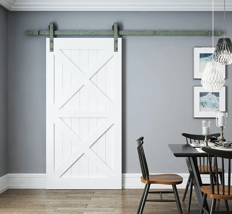 Painted White Double X‑Brace Framed Solid Wood Sliding Barn Door, Finished White Wood Barn Door with Distressed Green‑Patina Sliding Hardware Kit for Modern Farmhouse Wholesale From China Factory Manufacturer