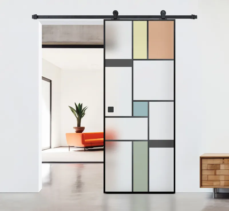 Pastel Muted‑Tone Geometric Frosted Glass Sliding Barn Door, Black Metal Frame Modern Soft‑Color Interior Partition Barn Door