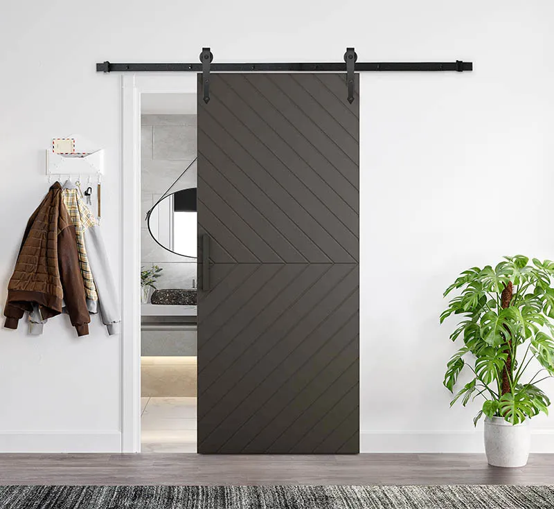 Pre‑Painted Dark Brown Diagonal Chevron Solid Wood Sliding Barn Door, Modern Geometric Raised Panel Barn Door with Matte Black Exposed Hardware Kit for Industrial Contemporary Interior Wholesale From China Factory Manufacturer