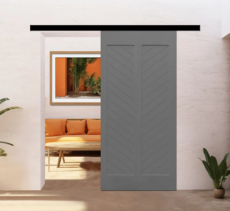 Pre‑Painted Dark Grey Chevron Pattern Solid Wood Sliding Barn Door, Modern Herringbone Recessed Panel Barn Door with Matte Black Exposed Hardware Kit for Boho Contemporary Interior Wholesale From China Factory Manufacturer