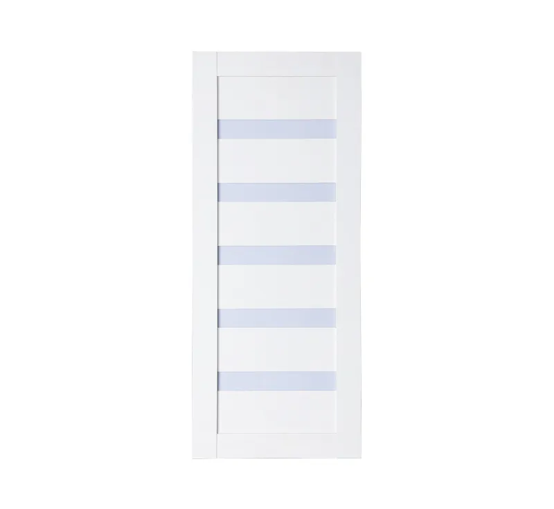 Pure White PVC Assembled Slab Door, Modern Interior Slab Door with 5‑Strip Light‑Blue Frosted Glass Inlays