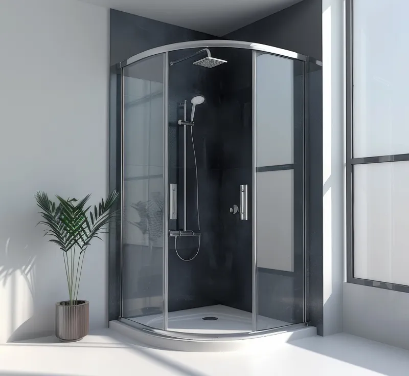Quadrant Corner Sliding Shower Enclosure, Curved‑Glass 2‑Panel Sliding Shower Cabin with Integrated Shower Tray