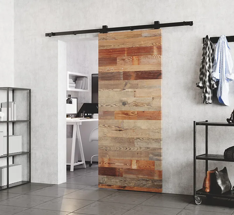 Reclaimed‑Style Patchwork Plank Solid Wood Sliding Barn Door, Multi‑Tone Mixed‑Wood Mosaic Barn Door with Matte Black Hardware Kit for Industrial Rustic Wholesale From China Factory Manufacturer