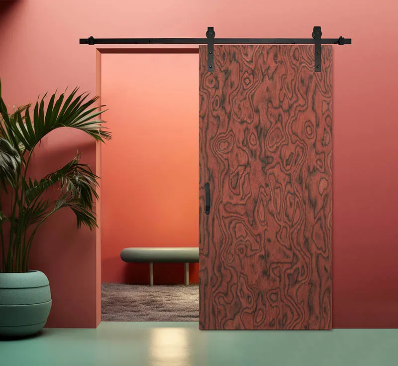 Reddish Burl Pattern Engineered Tech‑Wood Veneer Sliding Barn Door, Solid‑Core Interior Barn Door with Matte‑Black Hardware Kit for Wholesale Residential & Commercial Projects