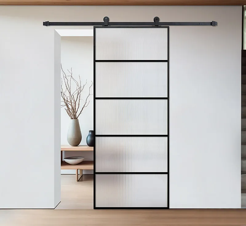Reeded Glass Barn Door with Black Iron Frame | 5-Panel Fluted Glass Sliding Door with Flat Rail Hardware | Custom Size Designer Room Divider for Homes & Commercial Projects