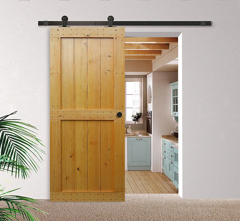 Rivet Board‑Style Solid Wooden Sliding Barn Door, Natural Knotty Pine Solid Timber Barn Door with Black Hardware Kit for Farmhouse Interior Wholesale From China Factory Manufacturer