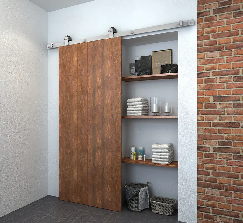 Rustic Weathered Flat‑Panel Solid Wood Sliding Barn Door, Vintage Brown Vertical Plank No‑Brace Barn Door with Silver‑Nickel Sliding Hardware Kit for Industrial Loft Wholesale From China Factory Manufacturer