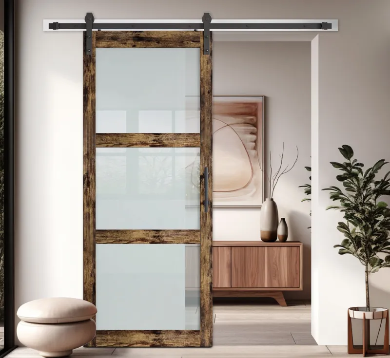 Rustic Wood‑Grain PVC Assembled Single Barn Door, 3‑Lite Frosted Glass Sliding Barn Door with Pull Handle & Complete Hardware Kit