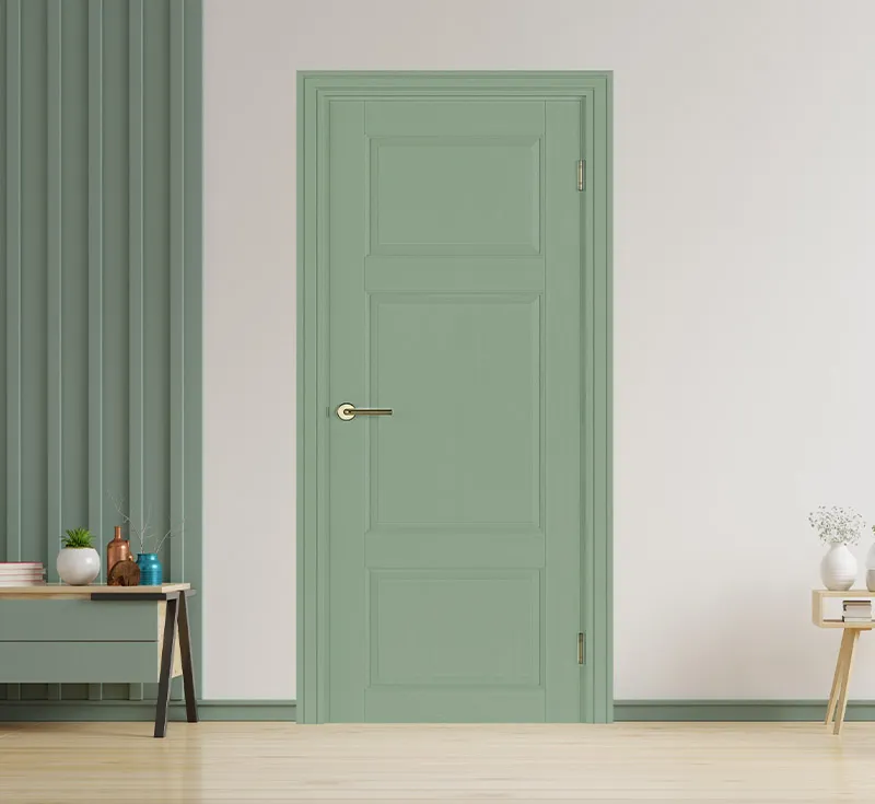 Sage Green 3‑Panel Recessed Moulded Interior Door, Solid Shaker‑Style Painted Swing Door with Matching Casing for Wholesale Residential Projects